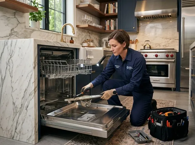 Appliance Repair Hero technician servicing a built-in dishwasher in a Blooming Glen, PA kitchen