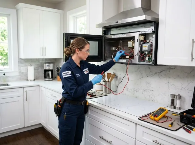 Appliance Repair Hero technician testing an over-the-range microwave in a Blooming Glen, PA kitchen